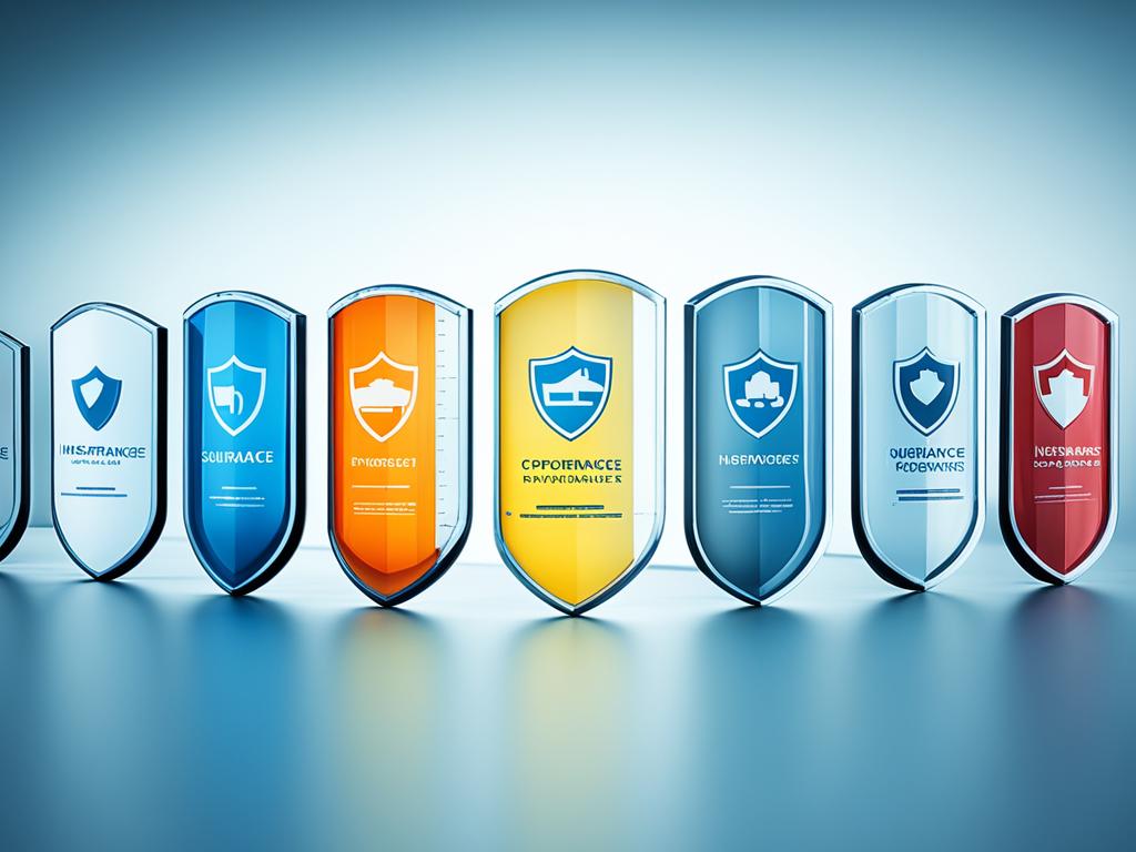 A series of interconnected shields that form a protective barrier, representing the various types of insurance coverage available to protect against future risks. The shields vary in size and opacity, with some being small and transparent, while others are large and impenetrable. The colors of the shields also vary, signifying the different types of coverage, such as health, home, auto, and life insurance. The overall image conveys a sense of security and peace of mind that comes with having comprehensive insurance coverage for any unforeseen events