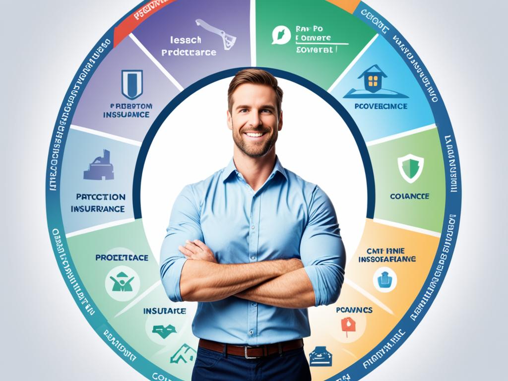 An image of a man standing confidently in the center of a circle formed by various types of coverage, such as auto, home, health, and life policy, each represented by a different color. The background showcases different scenarios where a coverage policy can come into play, like a car accident, home burglary, medical emergency, or loss of a loved one. The image conveys the idea that each policy coverage provides peace of mind and protects your future