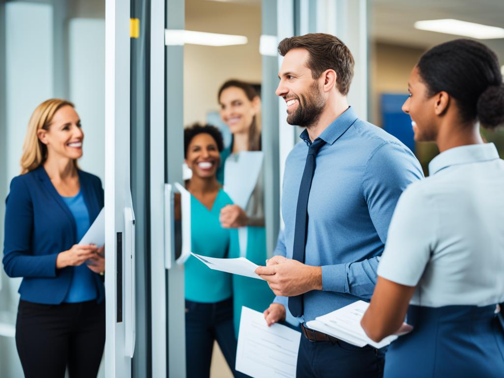 A group of diverse individuals standing in front of a row of doors, each labeled with the logo of a different insurance provider. The individuals are looking at the doors and discussing their options, while some are holding documents or laptops to research the providers further. The atmosphere is serious but hopeful, conveying the importance of making informed choices when it comes to insurance coverage