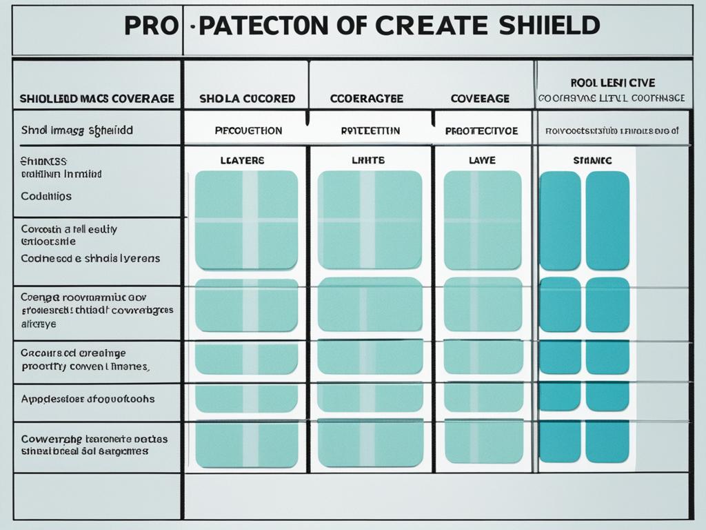 An image of a protective shield with varying levels of coverage, ranging from minimum to maximum. The shield is made up of different layers or segments, each representing a different aspect of coverage (such as liability, property damage, and personal injury). The segments are color-coded and labeled with their respective coverage limits, with the largest segment representing the highest level of coverage. The shield conveys the idea of security and protection while also highlighting the importance of choosing appropriate coverage limits to safeguard one's financial future