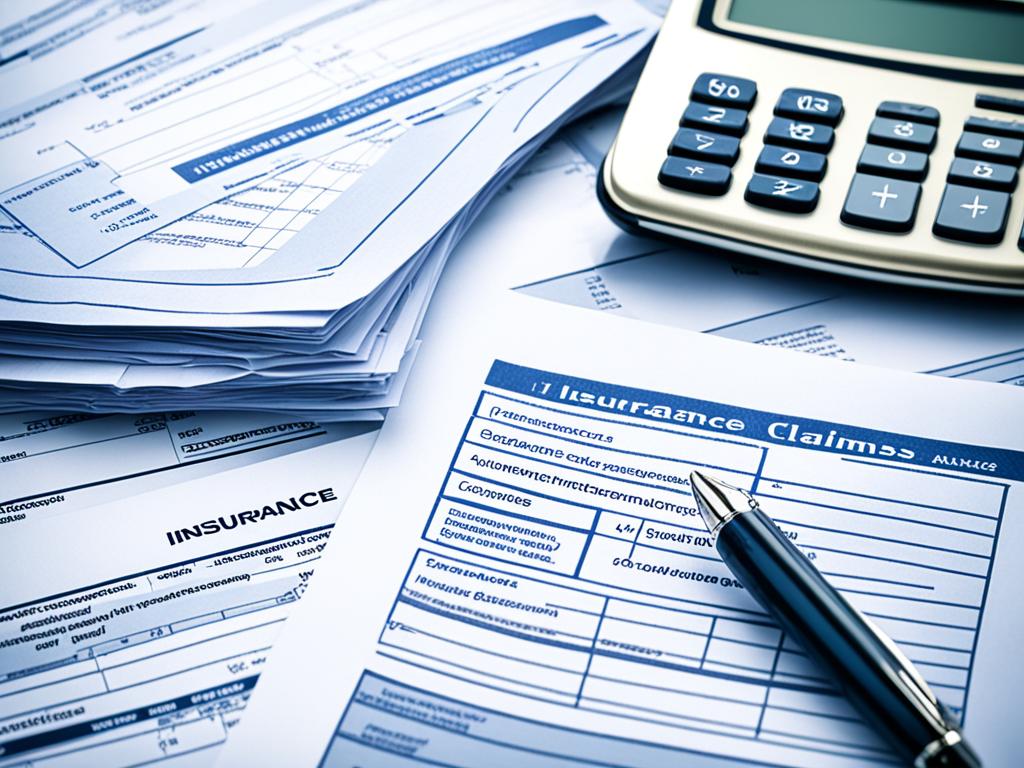 A pile of paperwork related to insurance claims sitting on a desk, with a pen and calculator nearby