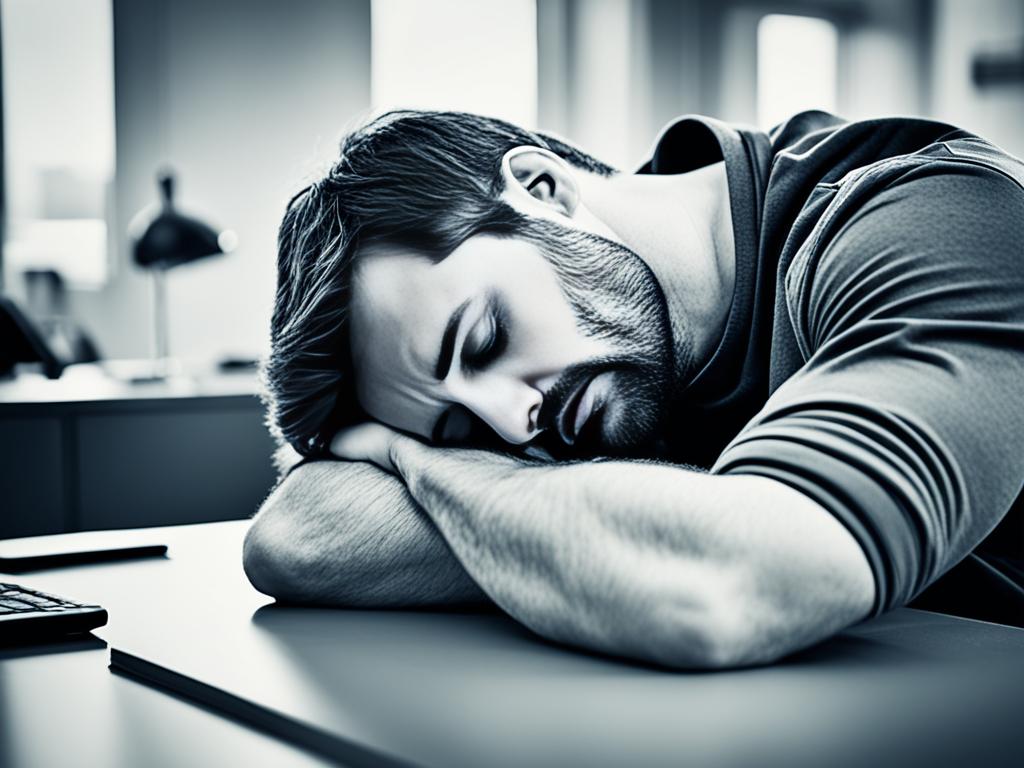 An image that depicts a man feeling completely drained and exhausted. It shows his posture slumped over, with his eyes closed. The image shows the environment around him as dark and dreary. It uses desaturated colors to convey the lack of energy and vitality.