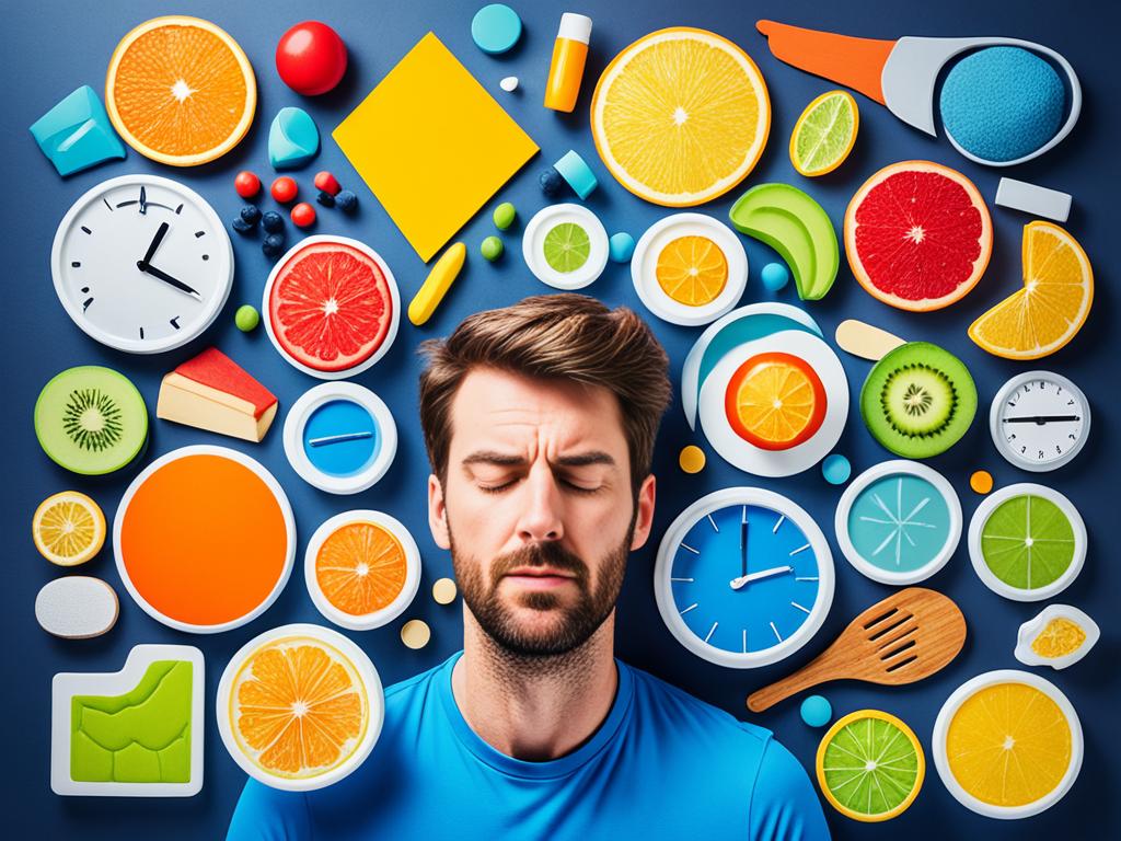 An abstract representation of the common causes of fatigue, including factors such as stress, poor sleep habits, sedentary lifestyle, and nutritional deficiencies. The image uses vibrant colors and bold shapes to convey the impact these conditions can have on one's energy levels.