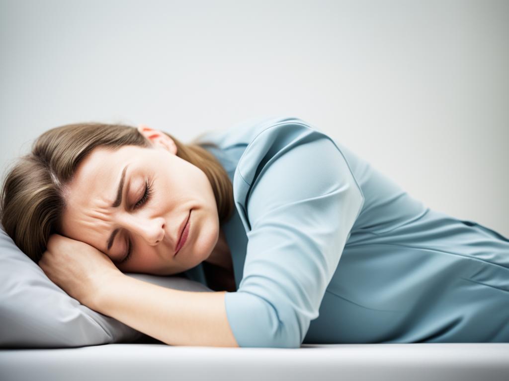 An image of a lady sleeping, the image depicts the physical effects of fatigue such as heavy eyelids, drooping facial features, and slumped posture. Muted colors and soft lines are used to convey the lethargy and tiredness that accompanies fatigue.