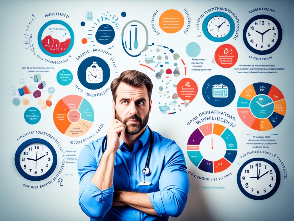 A healthcare professional leaning against a wall with a thoughtful expression, surrounded by various visual representations of the causes and symptoms of fatigue such as an alarm clock, long work hours, stress, sleep deprivation, lack of exercise, and unhealthy eating habits.