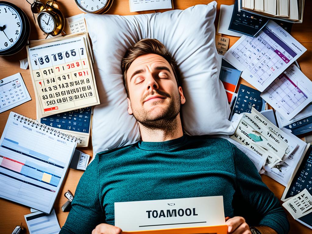 A man lying in bed with eyes closed, surrounded by clocks and calendars.