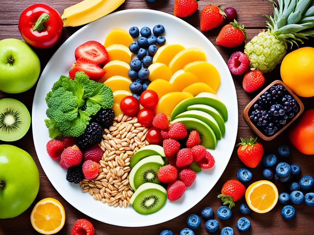 An image of a plate filled with a variety of colorful fruits, vegetables, lean protein, and whole grains. The portions are balanced and visually appealing, creating a sense of harmony on the plate. The image evokes feelings of health, nutritionand wellness.