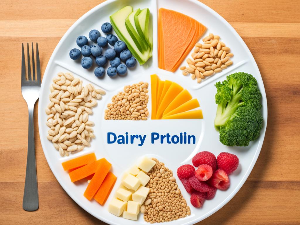 A plate with portions of different food groups, including fruits, vegetables, grains, dairy, and protein. Each portion is evenly sized and colorful, representing a balanced diet.