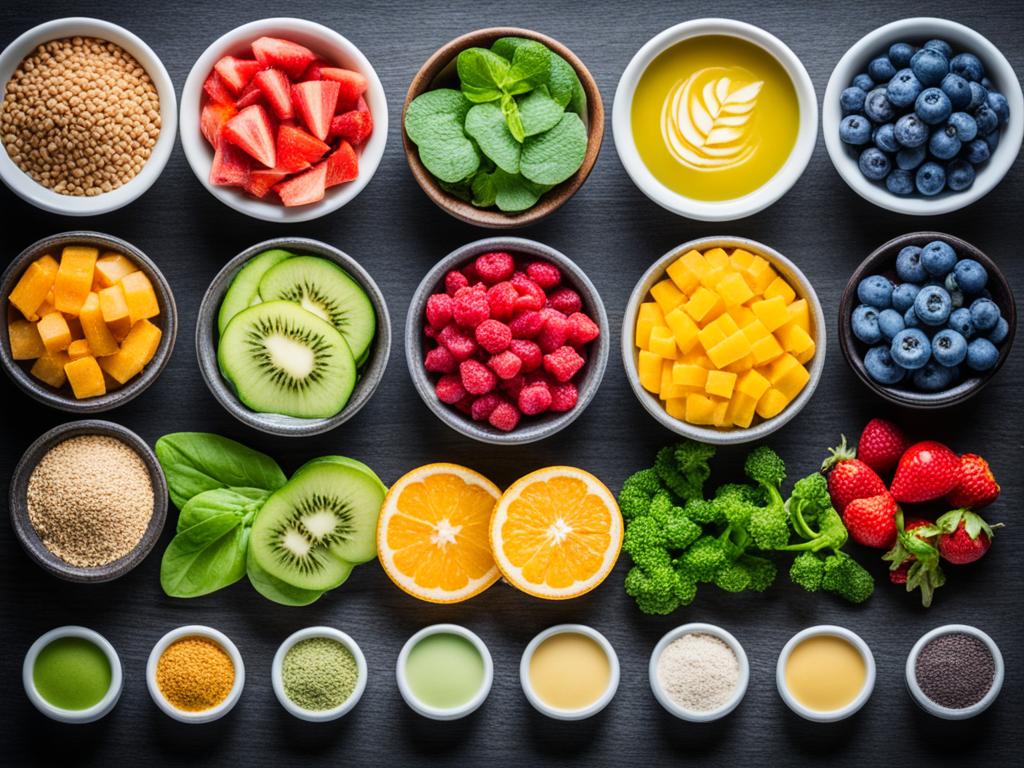 An image that showcases the three types of macronutrients and their sources, using visually distinct representations for each. The image uses colors and shapes to evoke feelings of health and balance.