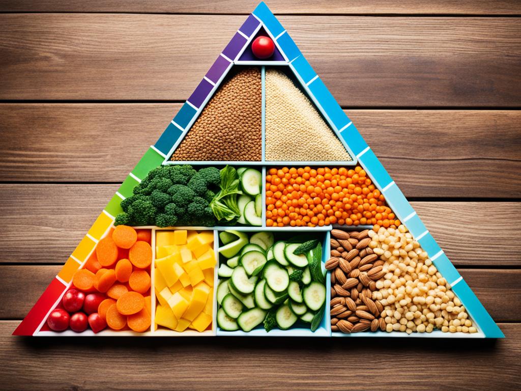 An image of the food groups through a colorful and vibrant display, using a variety of shapes and sizes to represent each group. Warm colors are used for the proteins, deep greens for the vegetables, soothing blues for the fruits, and earthy browns for the grains. The image shows how each group complements the other, forming a balanced diet pyramid that promotes good health and nutrition without using any labels or text.