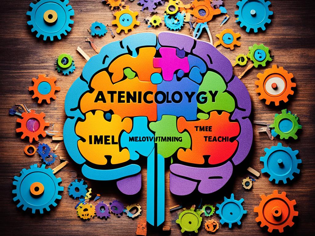 A colorful brain with gears turning inside, representing the intertwining of psychology and education. Different sections of the brain are labeled with key concepts such as motivation, attention, memory, and development. The gears symbolize the cognitive processes involved in learning and teaching.