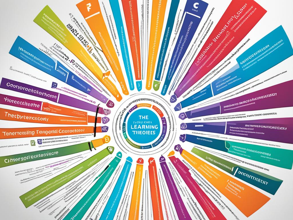 A visualization of the different types of learning theories, each represented by a unique shape and color. The shapes are interweaved in a dynamic and visually appealing way to convey the interconnectedness of the theories. The color palette is bright and bold to capture the complexity and diversity of these theoretical frameworks.