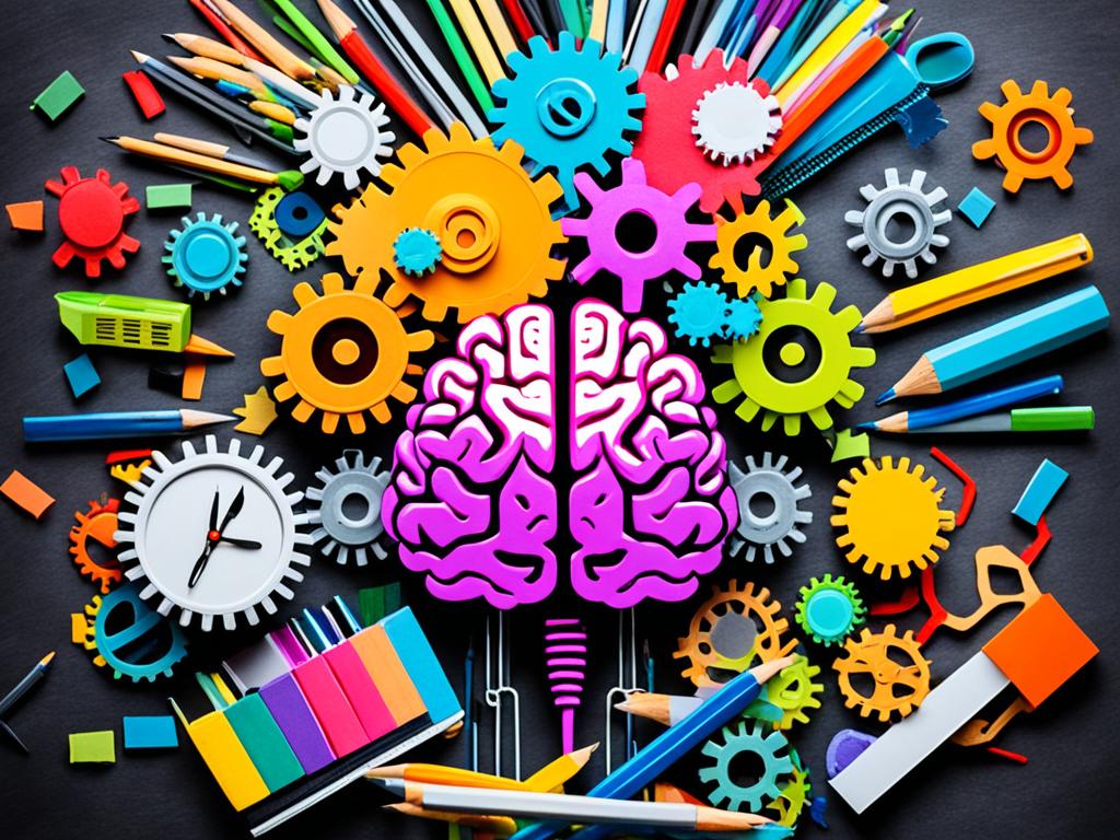 A colorful brain with gears and cogs, surrounded by books, pencils, and other school supplies.