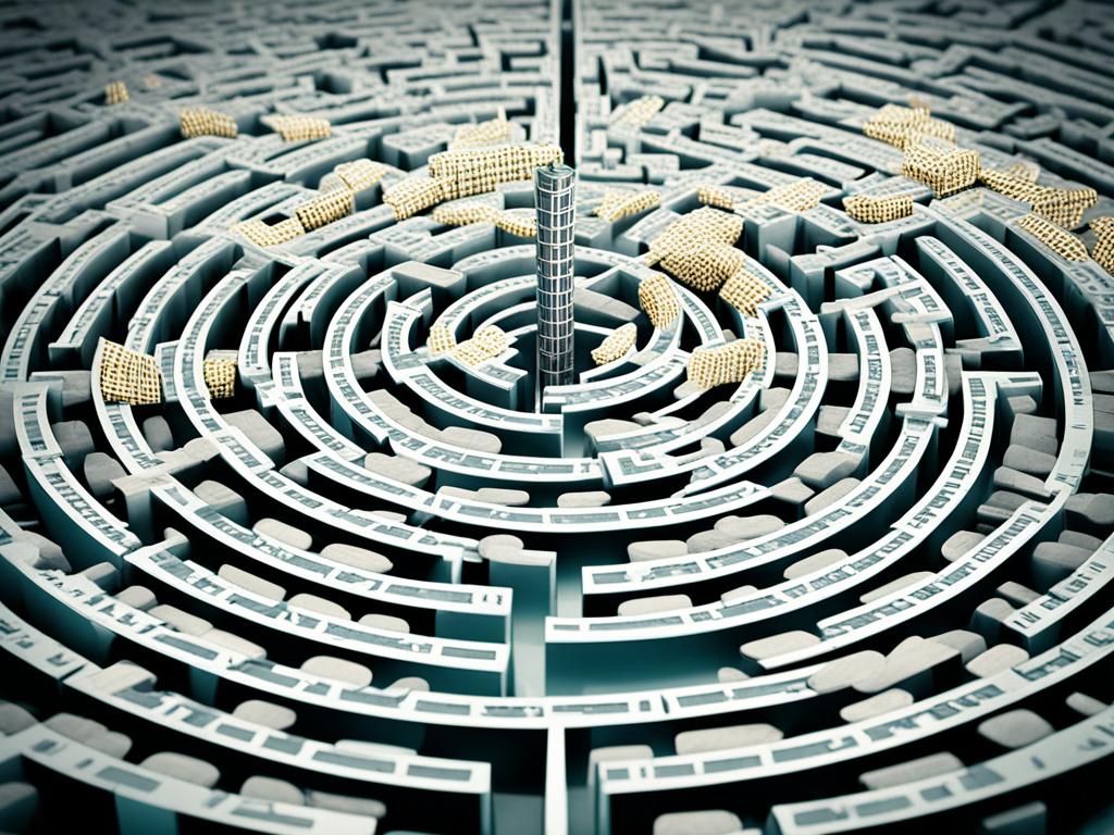 A maze with a clear path leading to a pile of coins at the center, while other paths lead to dead ends or traps. The maze represents the journey of paying off debt, while the clear path and pile of coins represent the effective strategies for achieving financial freedom. There could be obstacles and challenges along the way, such as high interest rates or unexpected expenses, that must be navigated to reach the ultimate goal.