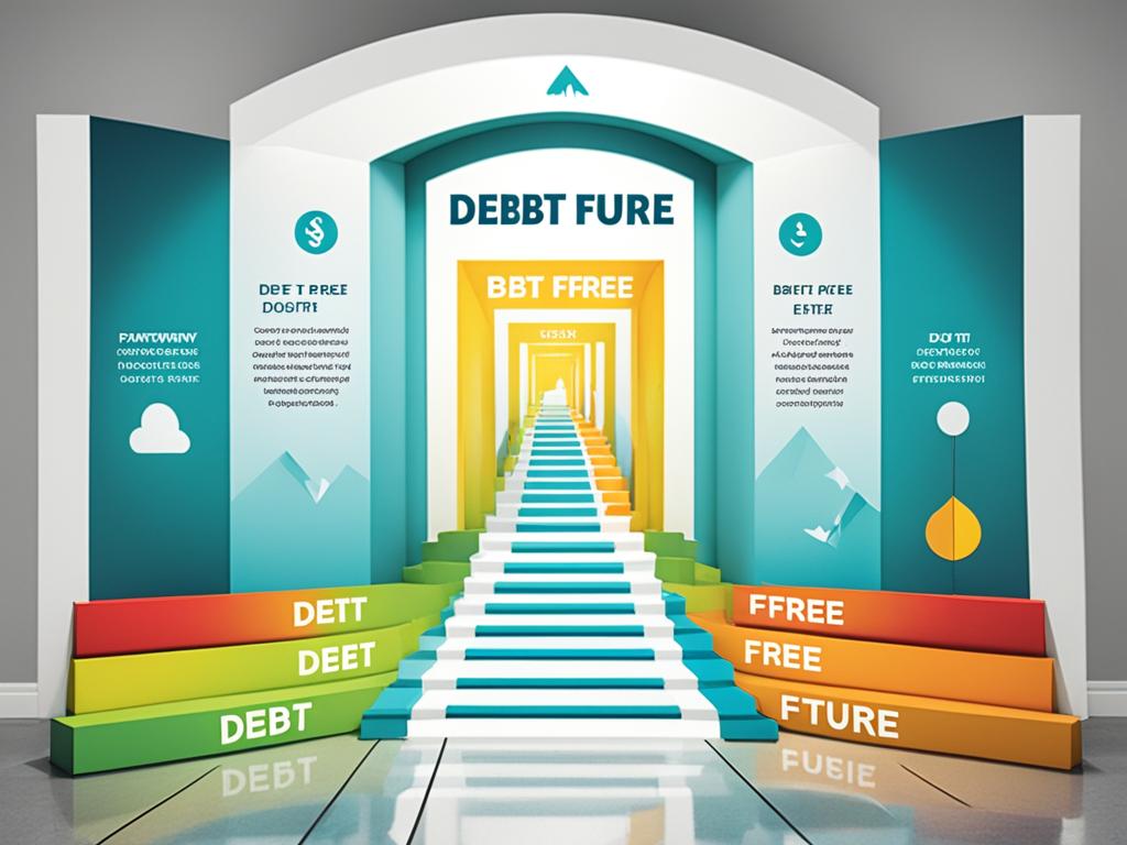 A visual image of a pathway leading to a bright, open door labeled "debt-free future". The image shows a few steps along the pathway with different strategies for debt repayment, such as cutting expenses, increasing income, and prioritizing high-interest debts. Bright colors and bold lines are used to create a sense of progress and achievement.