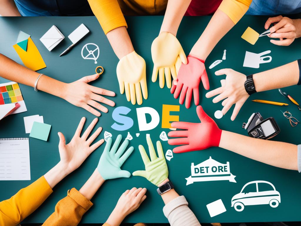 An image of multiple hands engaged in various side hustles, such as selling homemade crafts, driving for a ride-share service, delivering food, renting out a spare room on Airbnb, and offering online tutoring services. Each hand is depicted in a different color and position to convey the diversity and creativity of side hustles people can undertake to pay off debts. The background is filled with symbols of money, such as coins, bills, and piggy banks, to emphasize the financial motivation behind these side hustles.