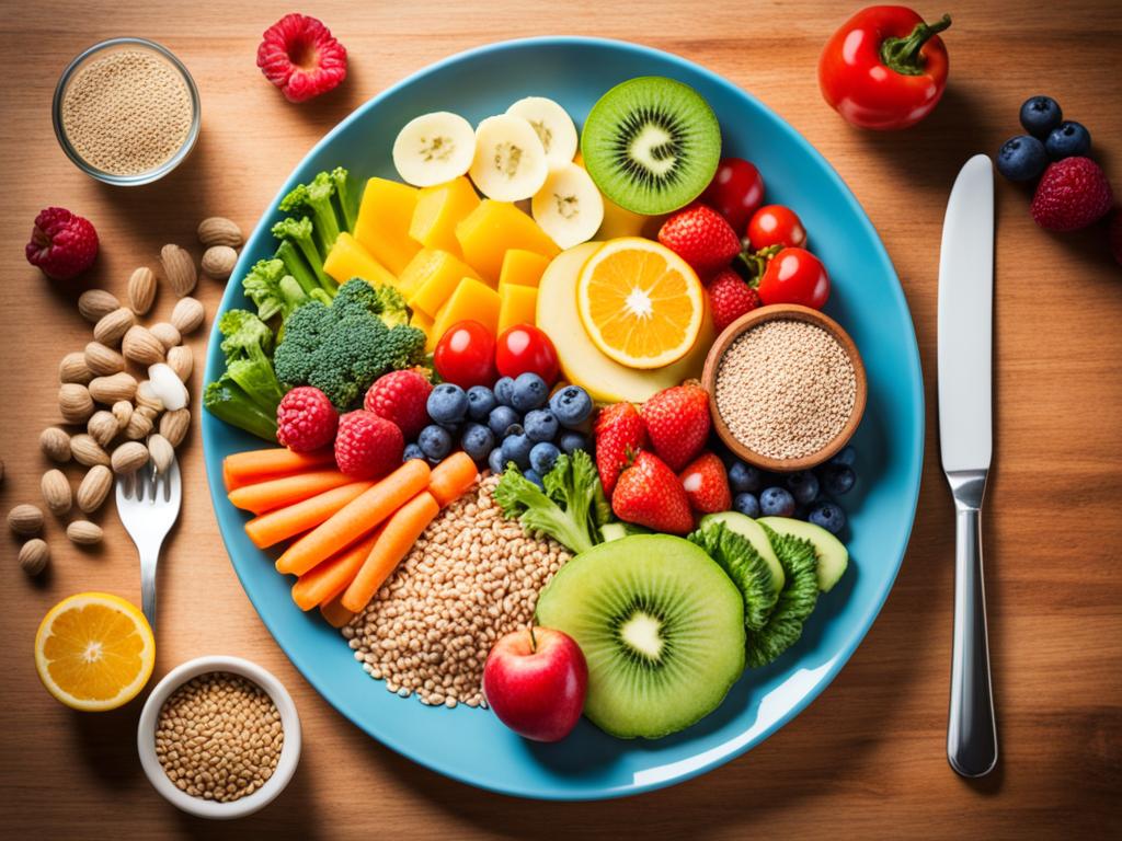 An image of a plate filled with colorful fruits and vegetables, with a few lean protein sources and whole grains in the background. Warm, vibrant colors are used to make the image inviting and healthy.