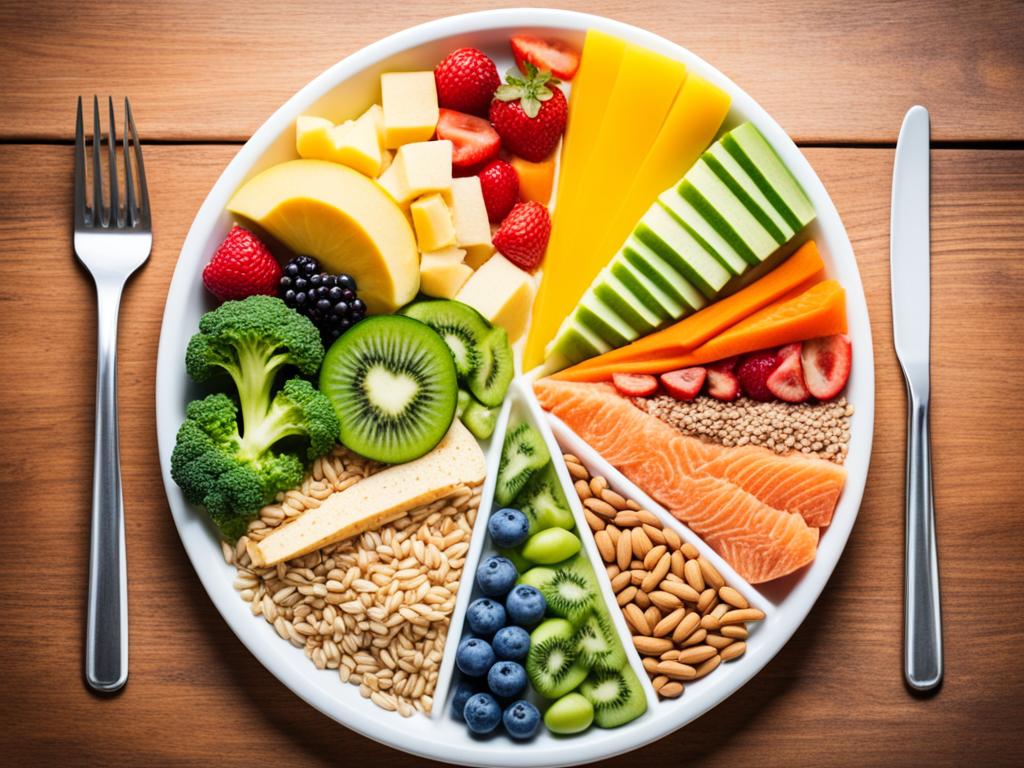 Nutrition: An image of a colorful plate filled with different food groups, including fruits, vegetables, whole grains, lean proteins, and healthy fats. Each food group is represented by its own section on the plate, and the colors are vibrant and eye-catching. The portion sizes is realistic and balanced to promote a healthy lifestyle.