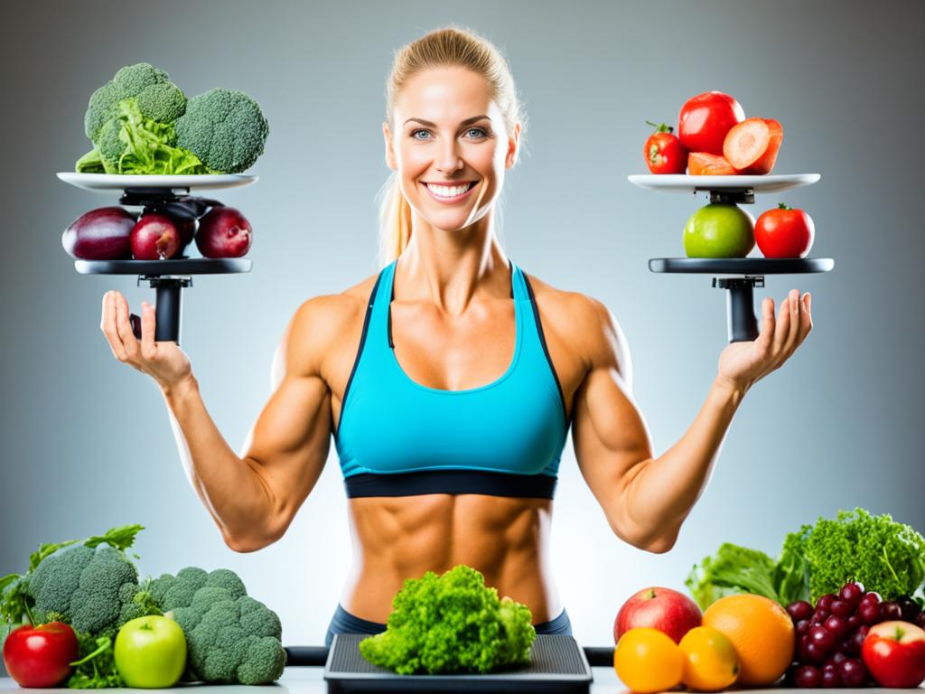 An image of a lady balancing healthy food and exercise equipment on a scale, with a background of fruits and vegetables.