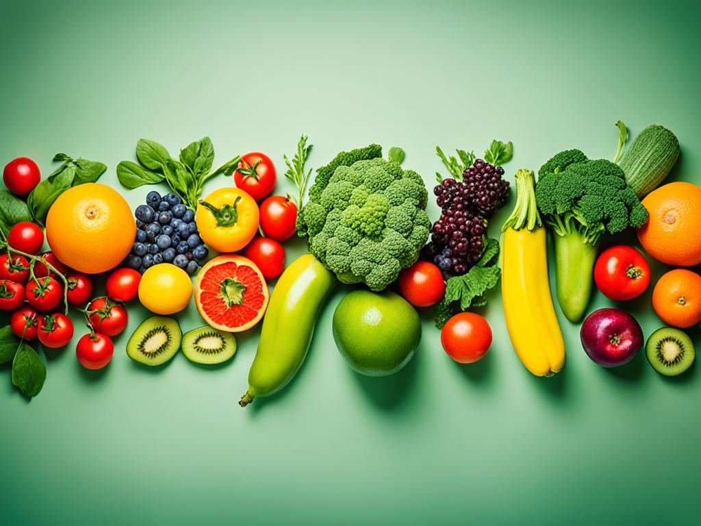 Nutrition: A vibrant image of a colorful assortment of fresh fruits and vegetables arranged in a way that suggests balance and variety. The fruits and vegetables are larger than life and seem to burst out of the image, conveying a sense of energy and vitality. The colors are bright and bold, with oranges, reds, greens, and yellows popping against a neutral background. Overall, the image inspire feelings of health, well-being, and nourishment.