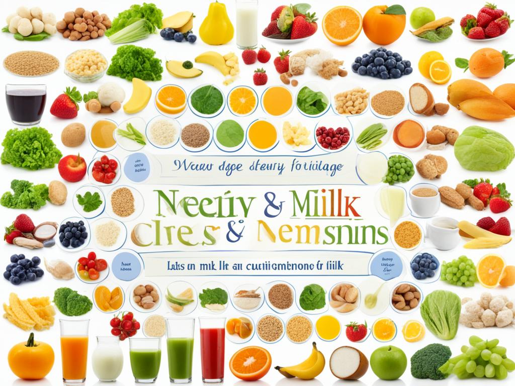 Nutrition: A collage of different foods and drinks for each life stage, from infancy to old age. Each food represents the nutritional needs required during that particular life stage. For example, breast milk or formula for infants, fruits and vegetables for children, whole grains and lean protein for adults, and calcium-rich foods for seniors. The colors and arrangement of the foods reflect the vibrant and dynamic nature of a healthy diet throughout life.