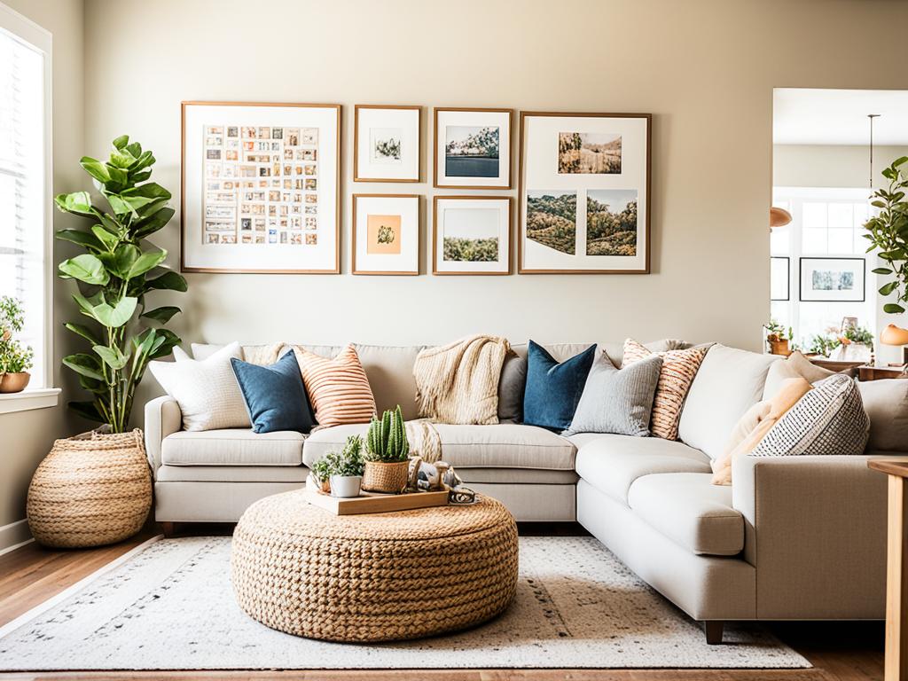 A cozy living room with plenty of natural light and comfortable seating, featuring family photos and art on the walls. The space has a warm color palette and is decorated with plants and soft textures like blankets and pillows. There are toys and books neatly organized in baskets and shelves, inviting children to play and read. The atmosphere feels calm and inviting, with no visible clutter or distractions.