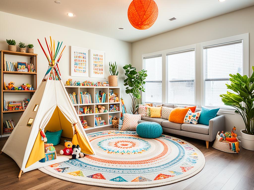 A cozy living room with soft lighting and comfortable furniture, with toys and books neatly arranged on shelves or in baskets. A plant and flowers add a touch of nature to the space. In the center of the room is a child's play area with a colorful rug, a teepee-style tent, and a collection of stuffed animals. The walls are adorned with simple, inspiring artwork or family photos. The atmosphere is warm and inviting, evoking feelings of comfort and safety.