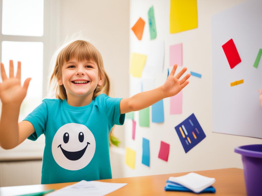 Parenting: A hand reaching out to give a high-five to a child who has finished her homework. The child has a big smile on her face, indicating that she feels proud of herself and appreciated for her efforts.