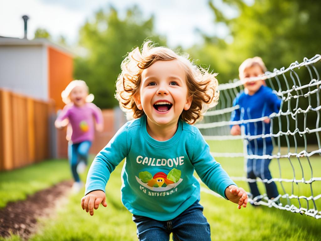 Parenting: An image of a child playing happily within the confines of a fenced backyard, while in the background, other children are seen running and playing freely in an open field. Vibrant colors and bright light are used to convey a sense of joy and positivity.