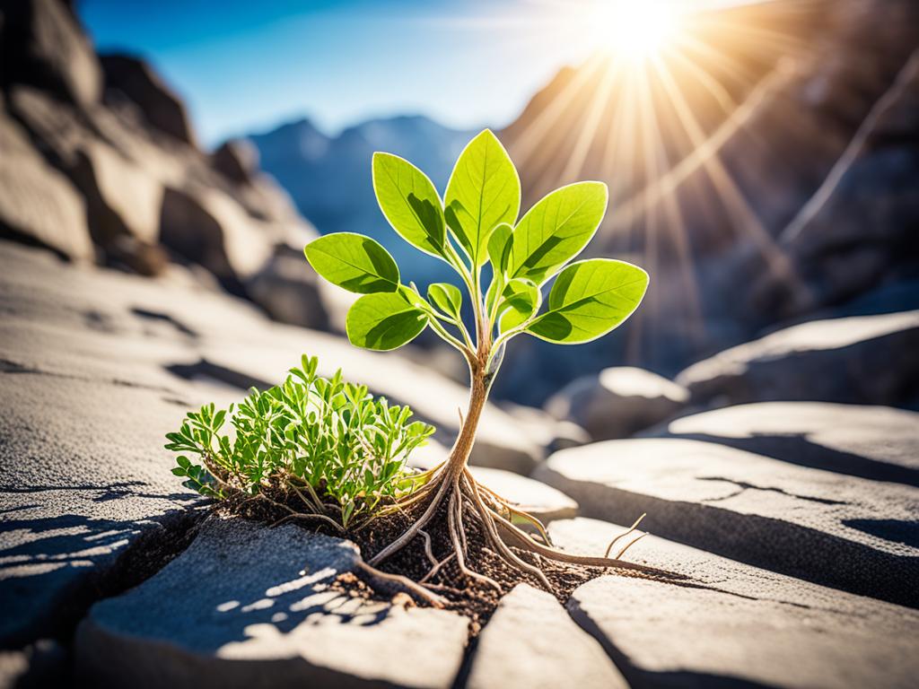 An image of a plant growing in a rocky terrain, with its roots firmly planted and stretching out towards the sunlight. The image shows the plant overcoming obstacles such as lack of nutrients, harsh weather conditions, and limited resources, symbolizing the importance of having a growth mindset in facing challenges and setbacks.