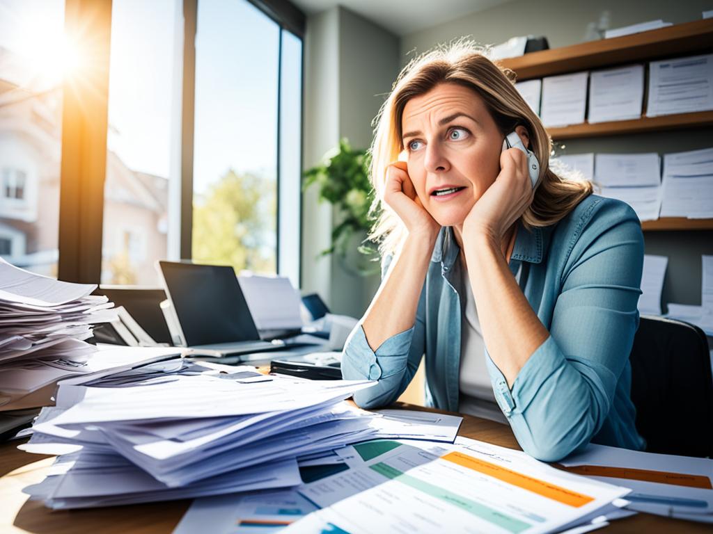 A woman sitting at her desk, surrounded by cluttered paperwork and bills, looking stressed and overwhelmed. In front of her, a computer screen displays a simple and organized online banking interface, with options to pay bills, view transactions, and check balances. Sunlight streams in through a nearby window, casting a calming glow over the scene.