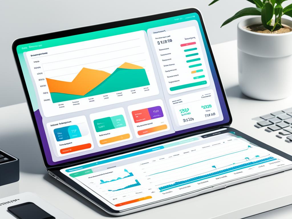 A laptop displaying a simplified and organized financial dashboard. The interface shows various financial management tools, such as budget trackers, automatic bill pay options, savings goals, investment portfolio overviews, and account transaction histories. The design has a clean and modern aesthetic, with simple shapes, bold colors, and clear visual hierarchies. The image communicates the idea of hassle-free and effortless financial management through online banking.