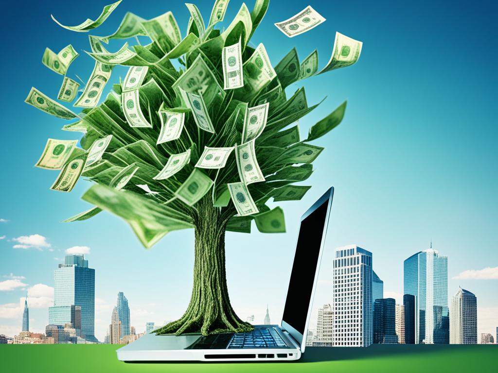 A digital tree with branches made of dollar bills, growing from a laptop and reaching towards the sky. The leaves on the tree are different shades of green, representing eco-friendliness and the paperless aspect of online banking. In the background, there are city buildings to suggest modernity and convenience.