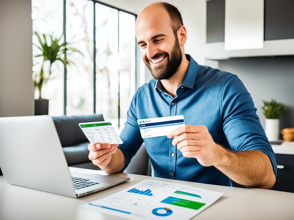 An image of a man managing his finances from the comfort of his own home using a laptop.