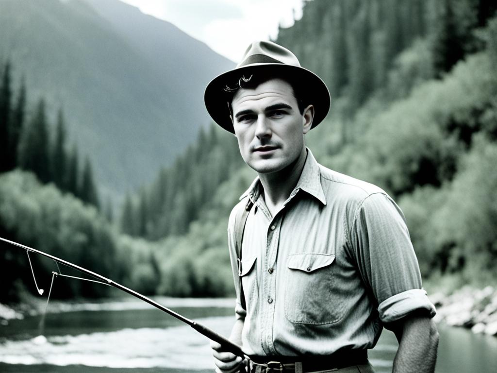 A young Ernest Hemingway stands by a river with a fishing rod in hand, surrounded by lush greenery and mountains in the distance. He wears a fedora and a simple shirt and pants, exuding a sense of quiet confidence and ruggedness. The water is calm, reflecting the picturesque scene around him, while he focuses on his fishing line.