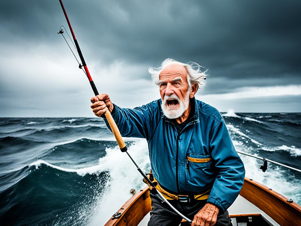 An image of the solitary old man fighting against the rough waves of the ocean on a small boat, with only a fishing rod and determination to catch a big fish. The sky is cloudy and the sea is tumultuous, but the old man's face shows no fear, only perseverance and resilience. The boat rocks back and forth as the old man struggles with the fish, his muscles tense and sweat dripping down his face. Despite the odds against him, he keeps his focus on the task at hand, determined to prove his strength and worth as a fisherman.