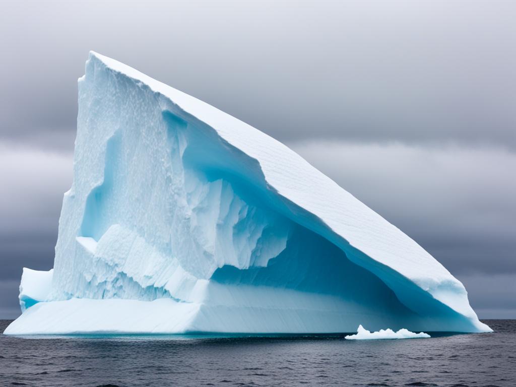 An image of an iceberg with only its tip visible, representing Hemingway's iconic writing style that shows only the surface of the story while leaving the majority of it hidden beneath the surface. The ocean surrounding the iceberg is not visible, emphasizing the isolation and loneliness present in Hemingway's works.