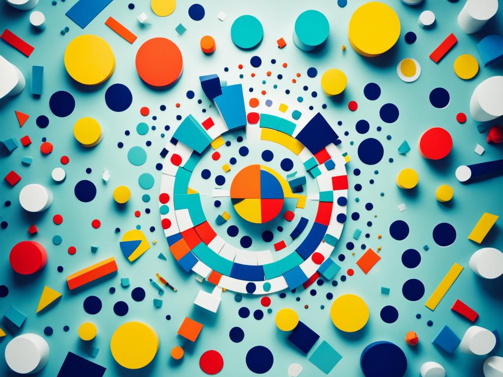 An abstract image that conveys the process of problem solving, using colors and shapes to represent different stages or elements of the process. It uses geometric shapes and bold, contrasting colors to create a visually engaging composition that suggests complexity and creativity. It is an evocative image that captures the spirit of critical thinking and innovation.