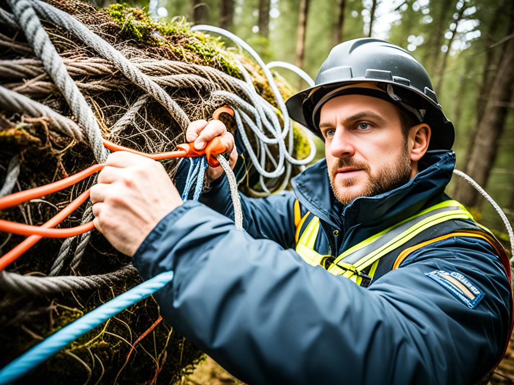 An image of a man pulling a rope to unravel a tangled mess