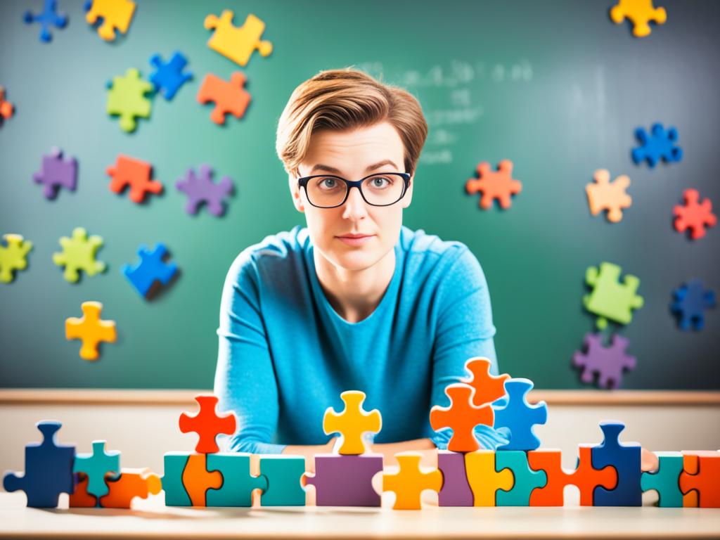 A young man holding a puzzle piece, surrounded by a variety of other puzzle pieces of different shapes and colors. The man is looking at the pieces thoughtfully, with a focused expression on their face. They are situated in front of a chalkboard, where various complex equations and diagrams are drawn in neat handwriting. The overall tone of the image conveys the idea of critical thinking, problem-solving, and intellectual curiosity.