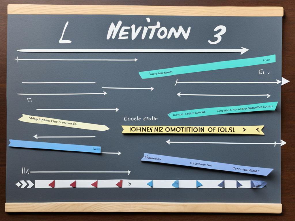 A visual of the three laws of motion by Sir Isaac Newton in one single image. The image shows an object at rest stays at rest, an object in motion stays in motion, and how force affects the momentum and acceleration of an object. It uses arrows, shapes, and colors to represent each law of motion and its effect on an object.