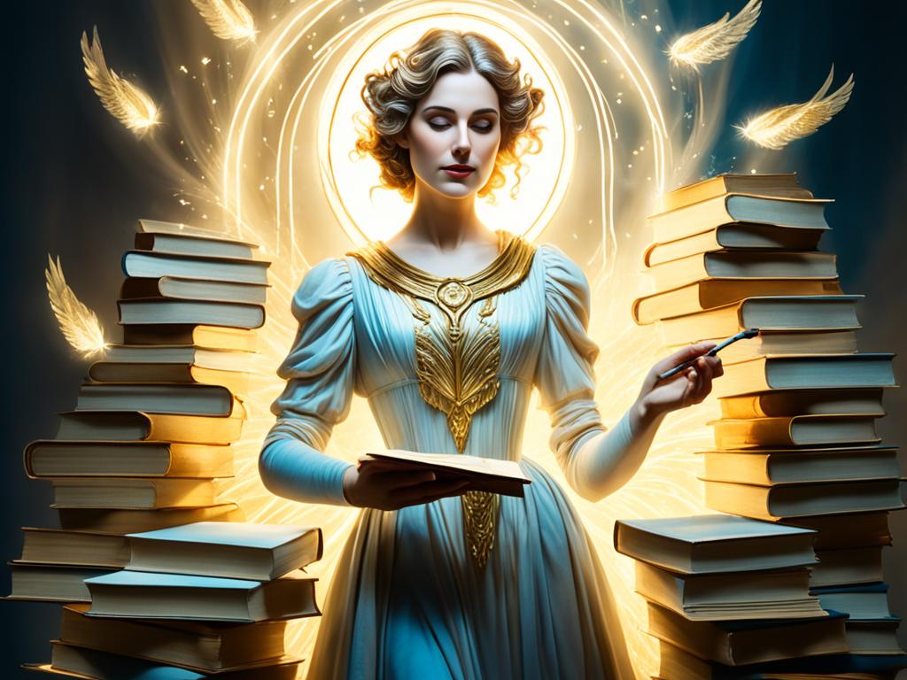 An ethereal figure holding a quill pen, surrounded by floating books and illuminated by a halo of golden light.