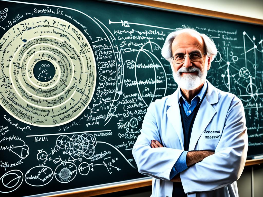 An image of a scientist in front of a blackboard, filled with equations and diagrams that represent the groundbreaking theories in the field of physics. There is a Nobel Prize medal on the board while the scientist is looking towards the future with determination and hope. The overall image conveys the importance of intellectual excellence and the impact of these breakthroughs on our understanding of the world.