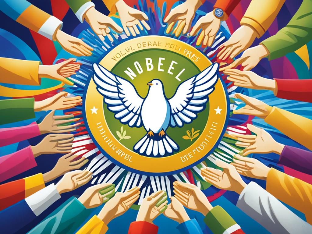 Peace and unity symbolized through a dove carrying an olive branch, hovering over a gold medal with the words "Nobel Peace Prize" inscribed on it. In the background, a colorful group of hands in solidarity.