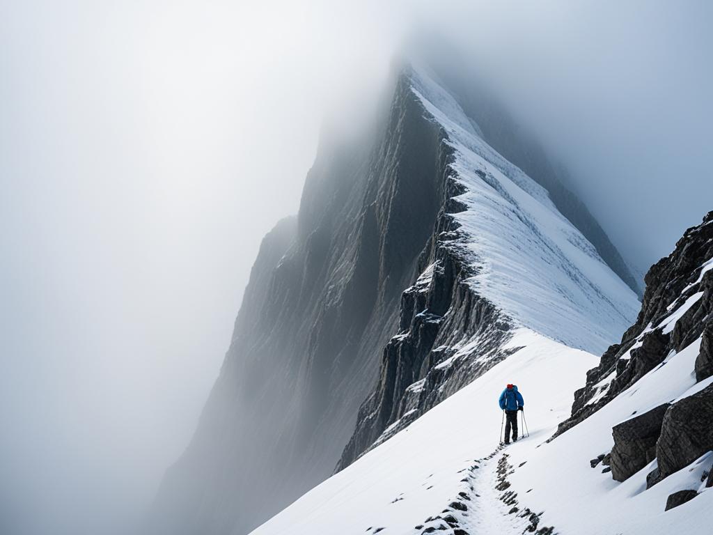 A solitary figure stands at the base of a steep mountain, looking up at the immense challenge ahead. The mountain is shrouded in mist, and the path to the top is barely visible. However, the figure is not deterred and begins to climb. As they ascend, they face obstacles such as sheer cliffs, treacherous ice fields, and unpredictable weather conditions. Yet, they persevere, using their strength and determination to push forward. Finally, after what seems like an eternity of struggle and hardship, they reach the summit. Standing atop the mountain, they look out at the breathtaking view below, feeling a sense of accomplishment and pride in their ability to overcome the challenges that once seemed insurmountable.