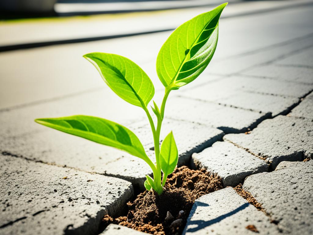 A lush, green plant sprouting from a small crack in concrete, reaching towards the sun with vibrant leaves and sturdy stem.