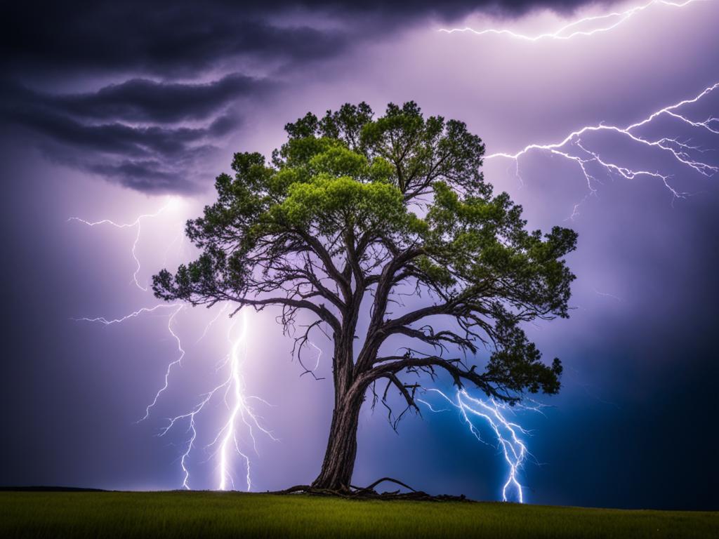 A lone tree standing tall and strong in the midst of stormy weather, with lightning striking in the background.