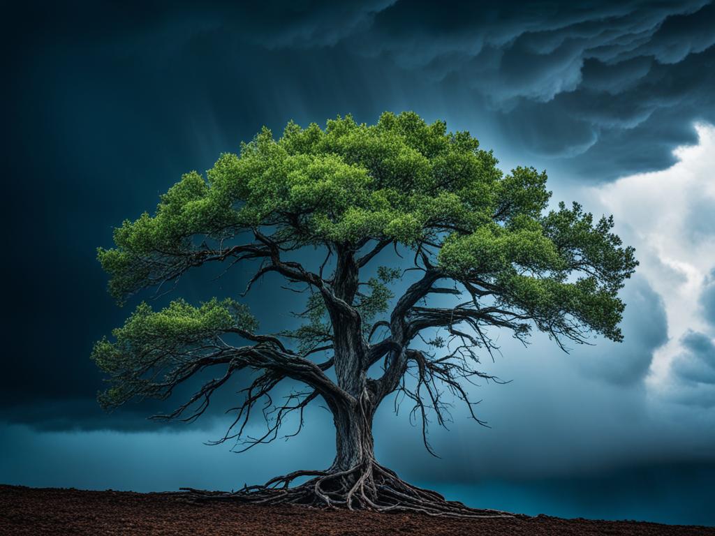 A lone tree standing tall amidst a storm, its roots firmly grounded in the earth while its branches sway in the wind. The sky is dark and ominous, but a sliver of sunlight peeks through the clouds, illuminating the tree and giving it a glow of resilience.