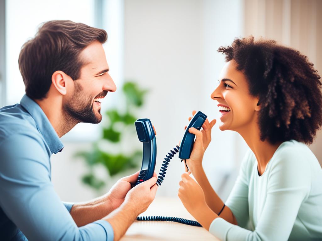 An image of two people sitting face-to-face, each holding a telephone receiver in their hands. The phones are connected by a cord that twists and turns between them, symbolizing the importance of clear communication channels in co-parenting. The image highlights how effective communication can support the creation of a strong family partnership.