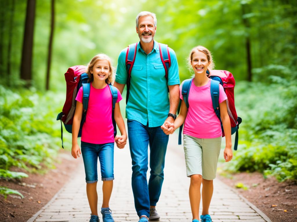 An image that shows two parents walking on a path, with their child beside them, holding hands. They appear to be moving forward in harmony. They are all carrying a backpack. They are smiling and happy, and there is a sense of peace and cooperation in the image.